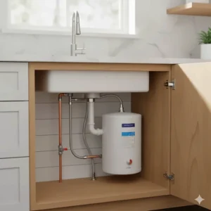 A small 10 gallon electric water heater installed beneath a kitchen sink for rapid point-of-use hot water.