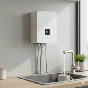 Small point-of-use electric water heater providing instant hot water to a kitchen sink.