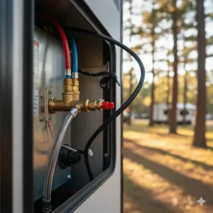 Close-up of the ignition and gas connections on a reliable propane camper water heater.