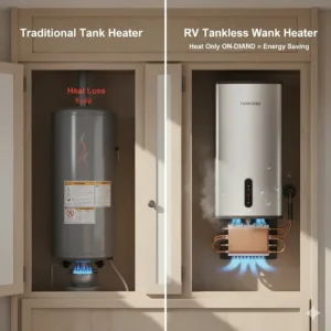 Illustration of the energy-efficient propane-powered operation of an RV tankless water heater, eliminating standby heat loss.