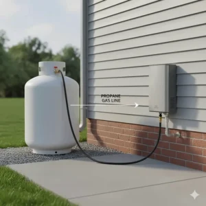 A visual illustrating the gas line connection from a large residential propane tank to the water heater.