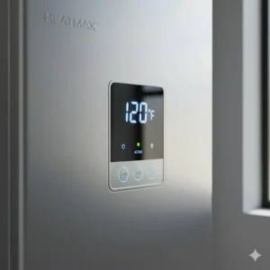 Close-up of a modern propane tankless water heater showing the digital display and control panel.
