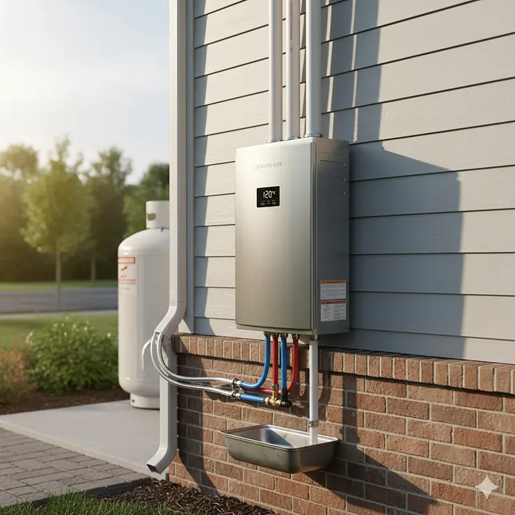 A fully installed propane tankless water heater unit on an exterior wall of a home, showing the venting and gas line connections.