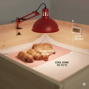 Diagram illustrating the proper distance and height to safely place a heat lamp for puppies above the bedding.