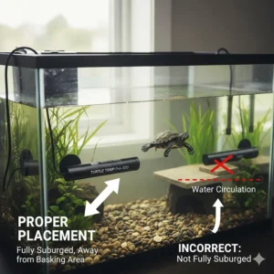 Diagram illustrating the proper placement of a turtle tank heater in the aquarium, fully submerged and away from accessories.
