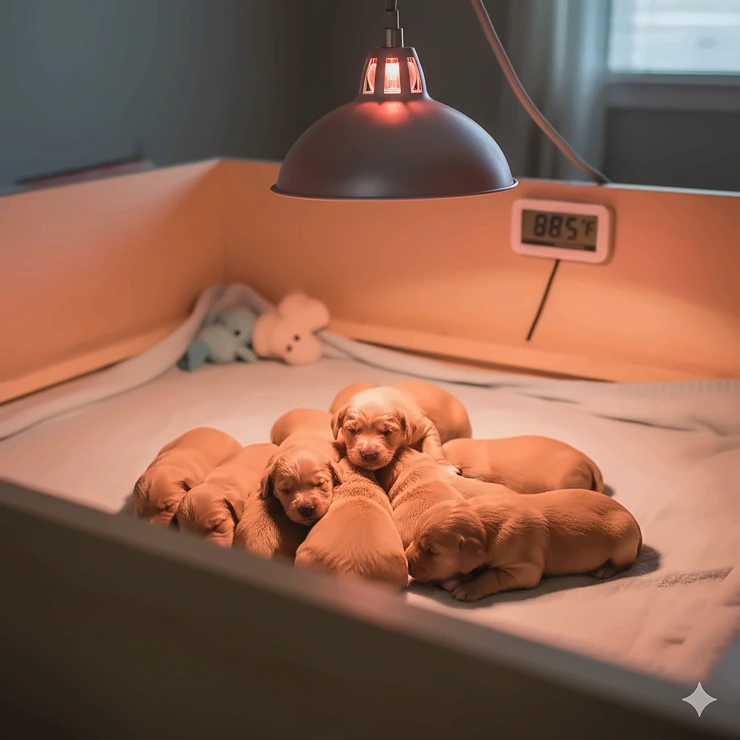 Newborn puppies are kept warm and comfortable under a veterinary-approved heat lamp in a clean whelping box.