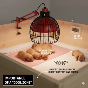A diagram showing the proper placement of a heat lamp to allow a dedicated cool zone for the puppies to move away from the heat if necessary.