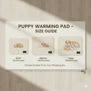 Infographic comparing sizes of different warming pads to help puppy owners choose the best fit for a whelping box.