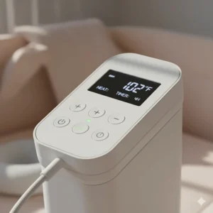 Control panel of a warming pad unit displaying various heat and timer settings suitable for young puppies.