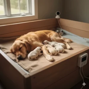 Puppies snuggled with their mother on a large, low-heat warming pad, promoting bonding while keeping them warm.