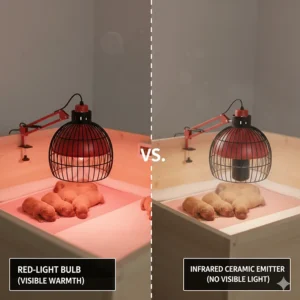 Comparison of different bulb types, such as red-light or infrared, used in a heat lamp for puppies.