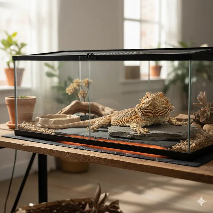 A large reptile heat mat under a glass terrarium, providing essential reptile heat mat warmth for a bearded dragon.