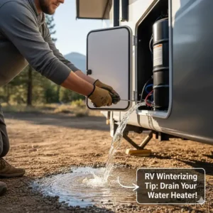 Graphic illustrating an RV electric hot water heater maintenance tip: draining the tank for winterizing.