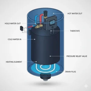 Detailed diagram showing the internal parts of an RV electric hot water heater, including the heating element and thermostat.