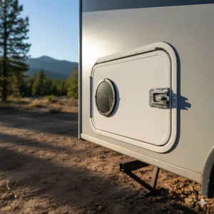 Close-up of the exterior access panel for an RV electric water heater showing the latch and vent.
