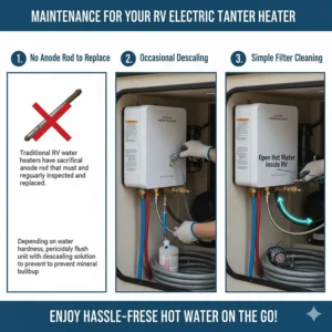 Visual guide showing the minimal maintenance required for an electric tankless water heater installed in a recreational vehicle.