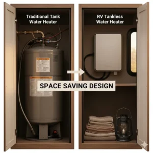 Size comparison showing how a space-saving RV tankless water heater frees up storage space compared to a traditional tank model.