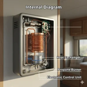 Internal diagram of the RV tankless water heater, detailing the heat exchanger and propane burner for on-demand heating.