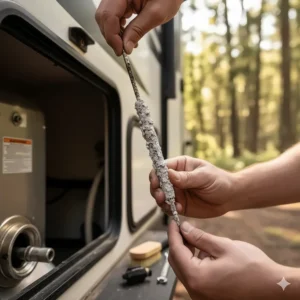 A technician inspecting a removed anode rod, a key maintenance part for the camper water heater.