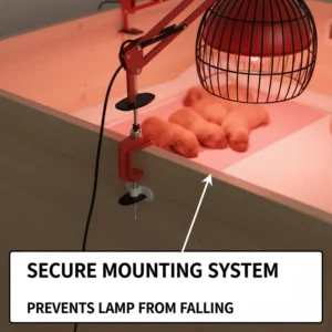 Close-up of a secure, heavy-duty clamp and mounting system to prevent the heat lamp for puppies from falling into the whelping box.