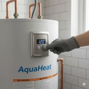 Hand adjusting the thermostat on the side of a 30 gallon electric water heater for optimal temperature control.