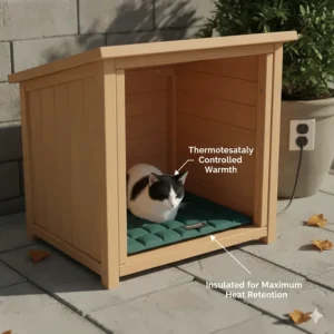 Diagram showing proper placement of an outdoor cat heating pad inside a small insulated cat shelter.