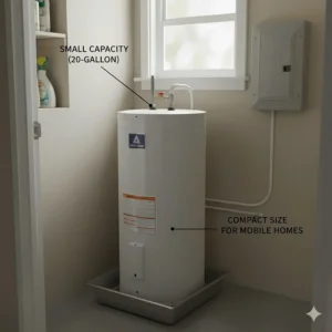Example of a small capacity 20-gallon mobile home water heater ideal for limited spaces.