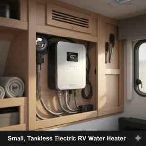 Compact, tankless electric RV water heater model mounted inside a small motorhome cabinet.