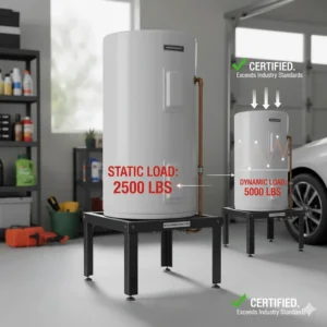 Graphic illustrating the certified static and dynamic load capacity of the heavy-duty 18 inch hot water heater stand.