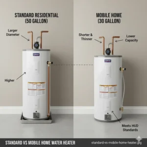 Comparison image highlighting the differences between a standard residential and a 30 gallon mobile home water heater.