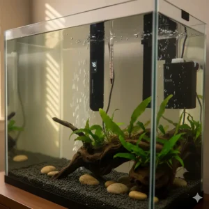 Close-up of a high-quality fully submersible turtle tank heater adhered to the side of a glass tank near a water filter.