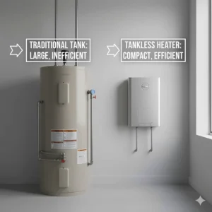 Side-by-side visual comparison showing the size difference between a standard storage tank and a tankless unit.
