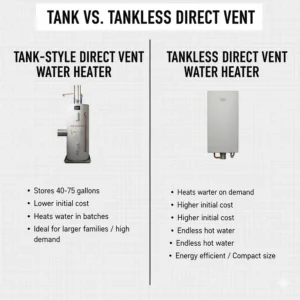 Comparison chart showing the differences between a tank-style and tankless direct vent water heater for different home needs.
