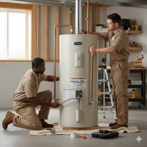 A gas storage water heater unit being installed, a reliable option from a trusted manufacturer.