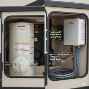 Illustration highlighting the compact size and small footprint of the electric tankless water heater compared to a traditional RV water heater.