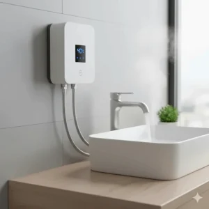 Ultra-compact tankless electric mini water heater mounted near a bathroom vanity.