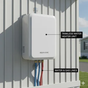 Compact, space-saving tankless hot water heater mounted on the exterior of a mobile home.