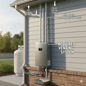 Diagram showing the required venting or flue system for an outdoor propane tankless water heater.