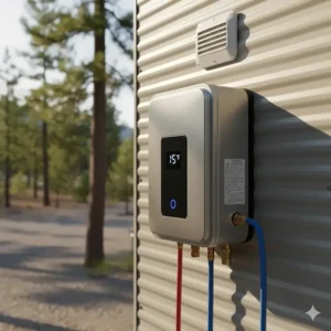 A compact, modern tankless RV water heater unit mounted on an exterior wall.