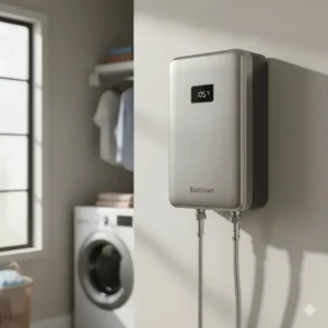 A compact, wall-mounted tankless water heater, showcasing the energy-efficient technology of a good water heater brand.