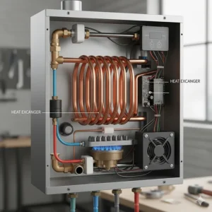 Diagram or photo of the internal components of a tankless unit, highlighting the heat exchanger.