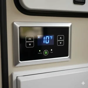 Close-up of the digital control panel used to set the precise water temperature on an RV electric tankless water heater.