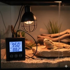 A digital thermostat used to regulate the temperature of a reptile heat light system.
