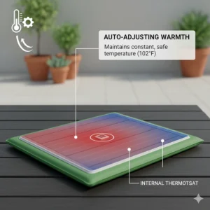 Iconographic image or graphic explaining the thermostatically controlled features of the outdoor cat heating pad.