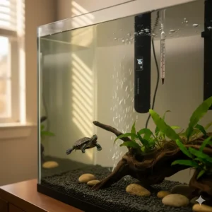 Healthy aquatic turtle swimming in warm water, benefiting from the consistent temperature provided by a reliable turtle tank heater.