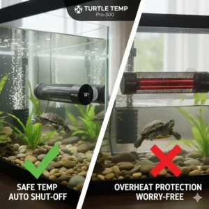Graphic emphasizing the safety feature of an automatic shut-off on a high-quality turtle water heater to prevent overheating.
