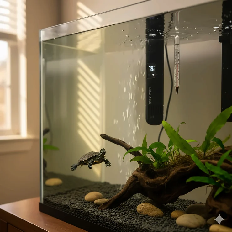 A large, submersible turtle tank heater with a thermometer submerged in clear water, essential for maintaining a safe and consistent water temperature for aquatic turtles.