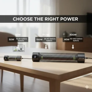 Comparison image displaying different turtle water heater wattages (e.g., 50W, 100W, 300W) to help choose the correct size for various turtle tank volumes.