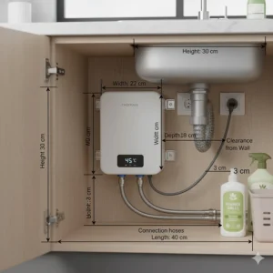 Diagram showing the small dimensions and size of an undersink electric mini water heater unit.