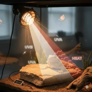 Diagram illustrating the different light spectrums, including UVB and UVA, produced by a full-spectrum reptile heat light.